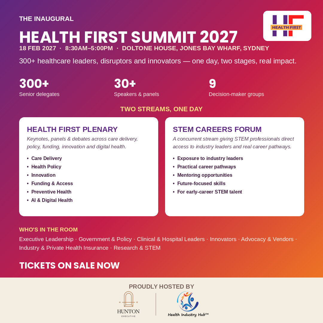 Event poster for Health First Summit 2027 with gradient background, title, date and location, three stats (300+ delegates, 30+ speakers, 9 groups). Two side-by-side white cards show the Health First Plenary and STEM Careers Forum, each with bullet topics. Includes 'Who’s in the room' and sponsor logos at bottom.